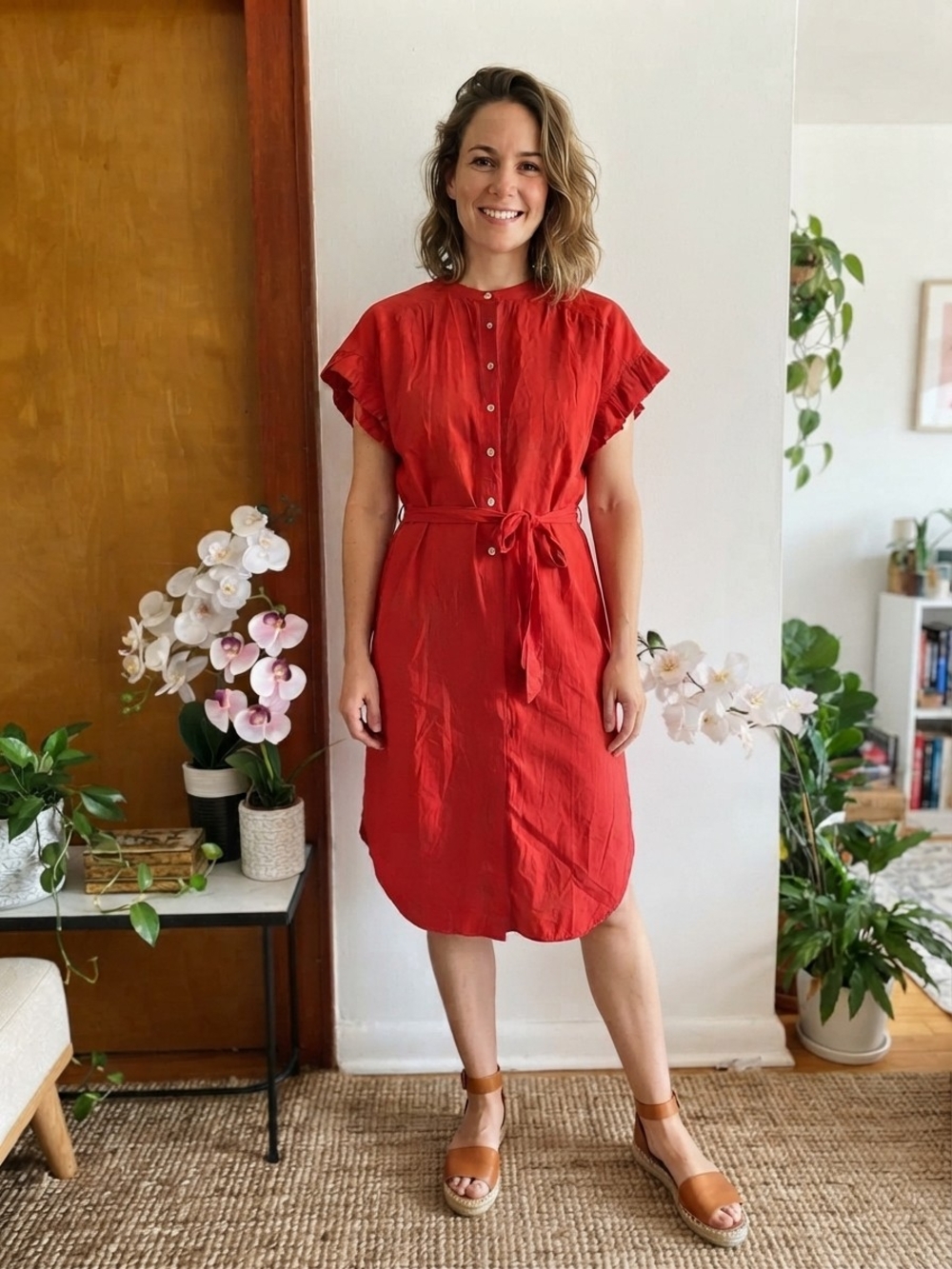 LOFT Red Button-Front Tie-Waist Midi Dress